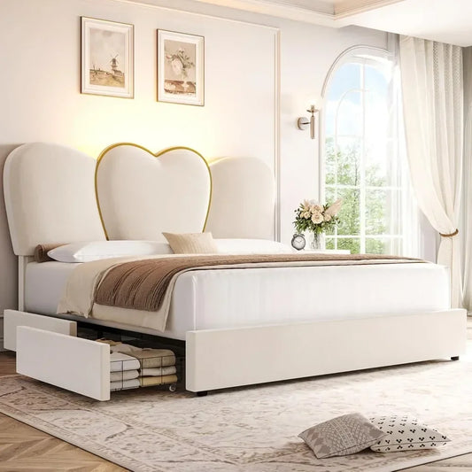 King LED Bed Frame with 4 Storage Drawers, Modern Velvet Upholstered Platform Bed with 55" Tall Heart Shaped Headboard