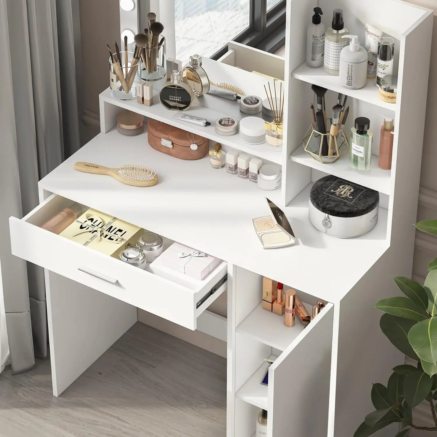 Desk with Mirror & Light, Large Drawer Three Level Storage Dresser, 3 Lighting Modes Adjustable Brightness, Bedroom Dressing Tab