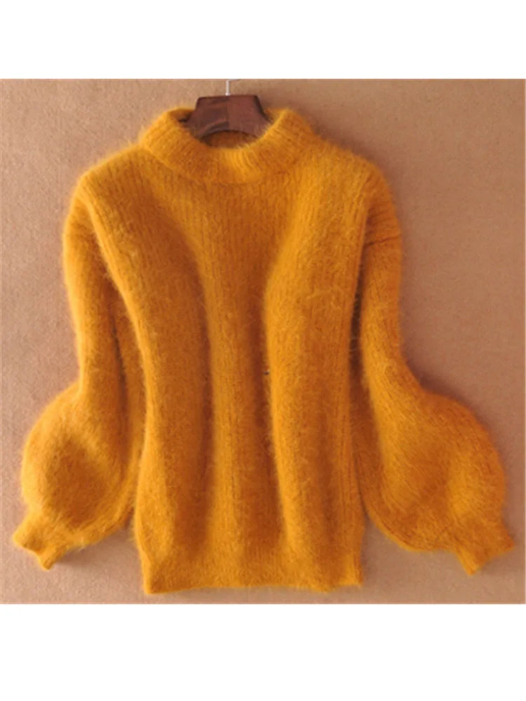 Weißer Rollkragenpullover aus Mohair für Herbst/Winter: Süße Mode, Laternenärmel