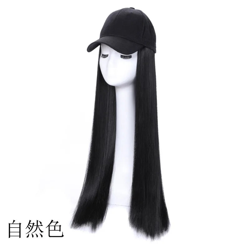 Synthetic Wig Fashionable One-piece Matte Silk Natural Long Straight Hair Baseball Cap Hood Hat Black Brown Ladies Daily Wear