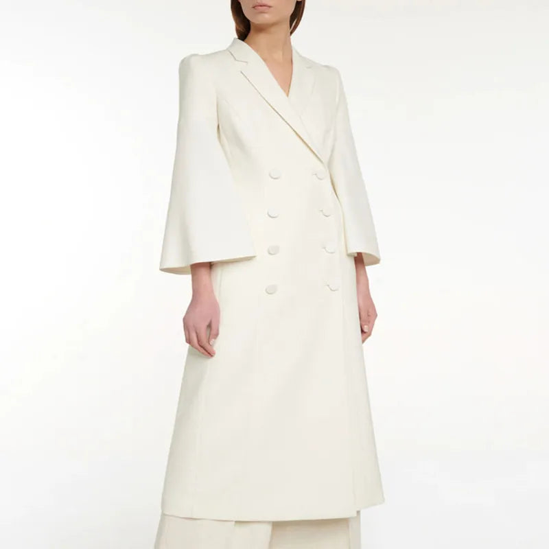 AI NI YA Spring and Autumn New Slim Fit Double breasted Horn Sleeves Long White Dress Coat Women's Suit Coat