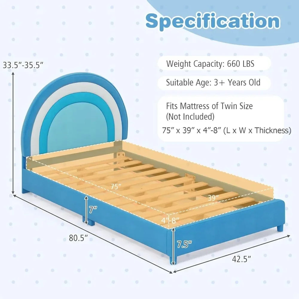 Children Beds, Twin Bed Frames for Kids, Upholstered Wooden Kids Bed w/Adjustable Headboard, Slats Support, 660 LBS Weight Cap