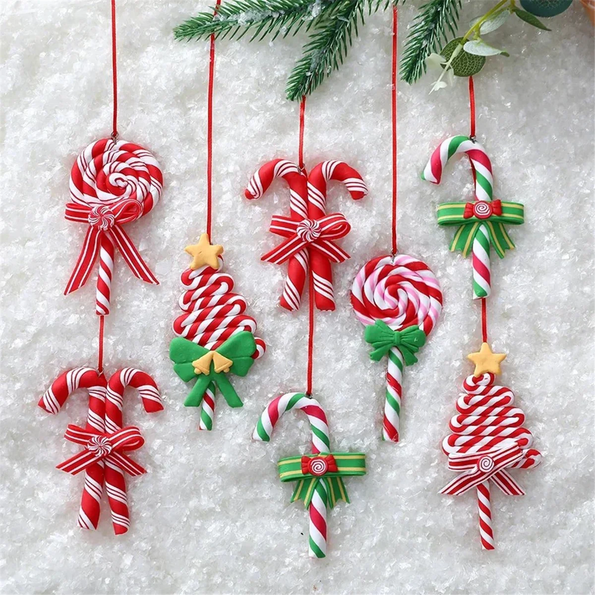 Christmas Tree Decoration Ornament Soft Clay Lollipop Red White Candy Cane Xmas Tree Pendant Christmas New Year Gift E