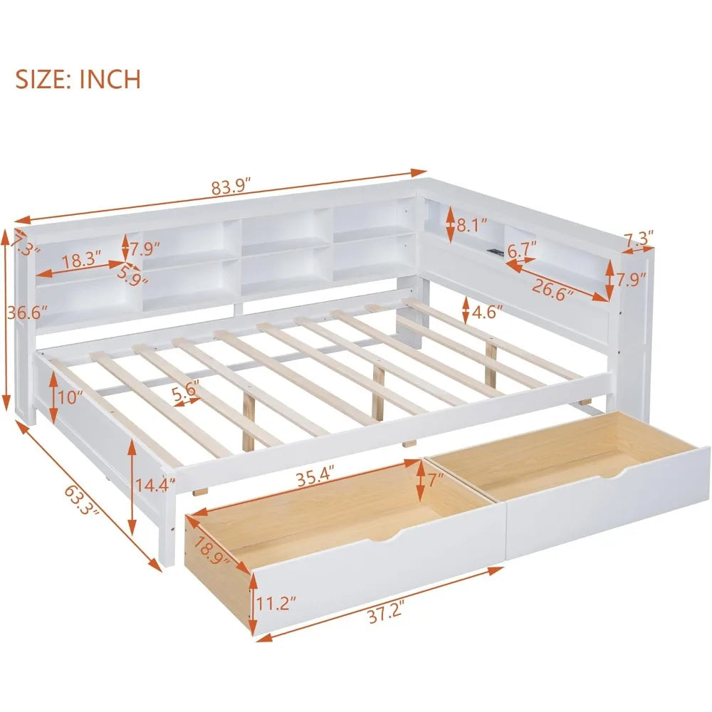 Daybed with Storage Drawers and Bookcase, L-Shape Daybed with USB Ports and Headboard with Storage Headboard, Corner Bed Frame