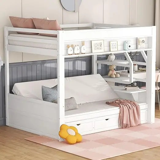 Bunk Bed, with Couch ,Convertible Bunks Beds Full Size with Stairs ,Bedside Table & 3 Drawers ,Wood Futon Bunk Bed Frame