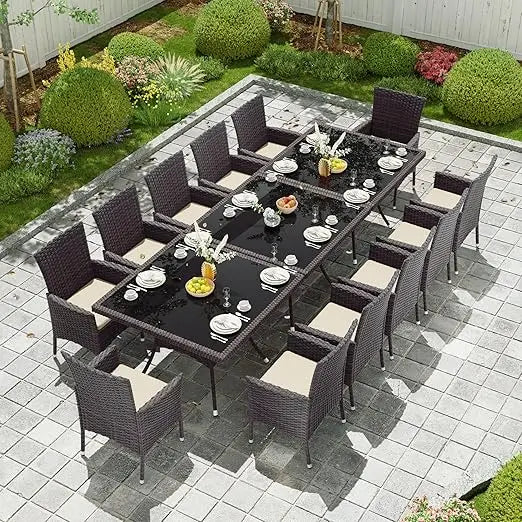 15-Piece Outdoor Dining Set,Square Glass Tabletop with Umbrella Hole for Patio,Backyard,Garden,Patio Rattan Furniture Set