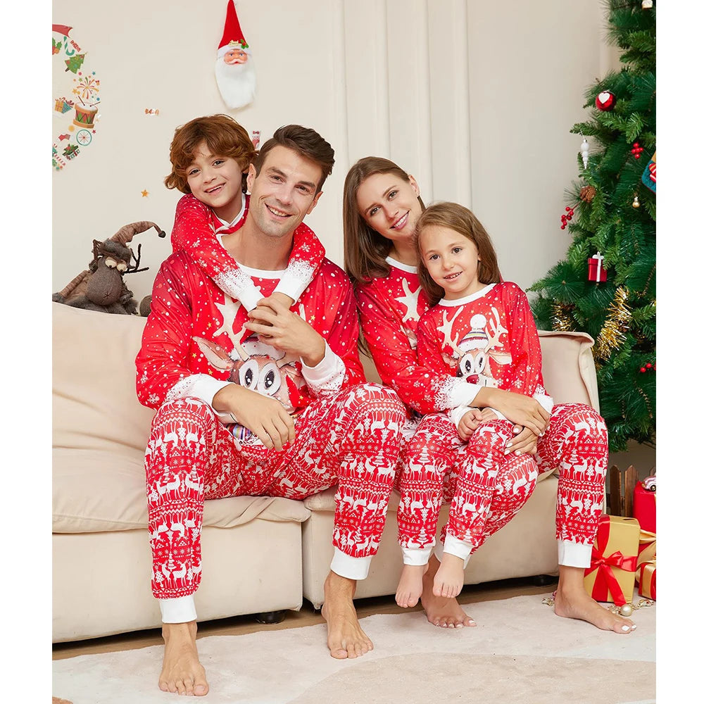 Christmas Family Matching Pajamas Set Father Mother Kids Red Cartoon Elk Print Sleepwear Adult Boys Girls Homewear Baby Rompers