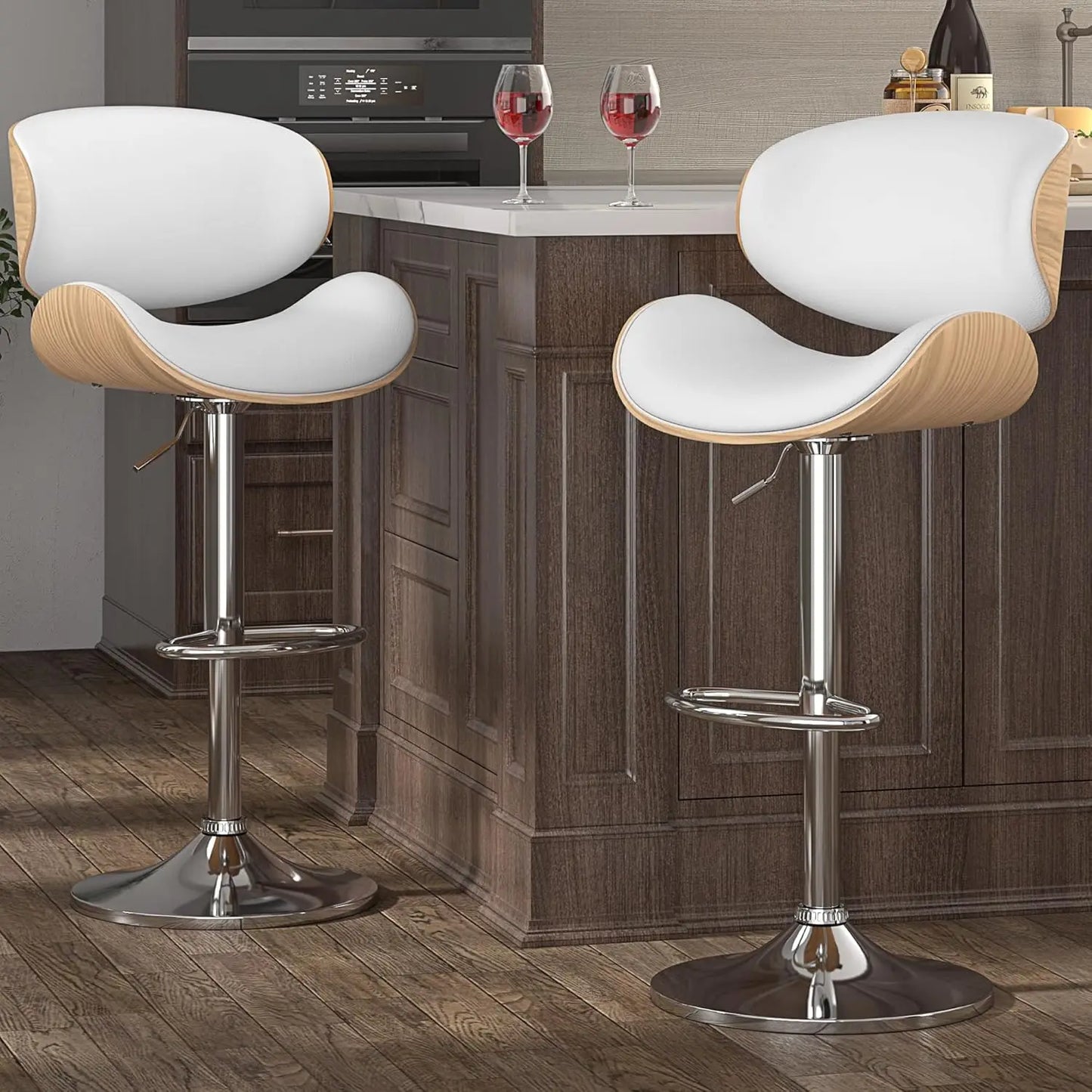 Swivel Bar Stools Set of 2, Adjustable Bentwood Barstools with Back and Footrest, Modern PU Leather Upholstered Bar Chair