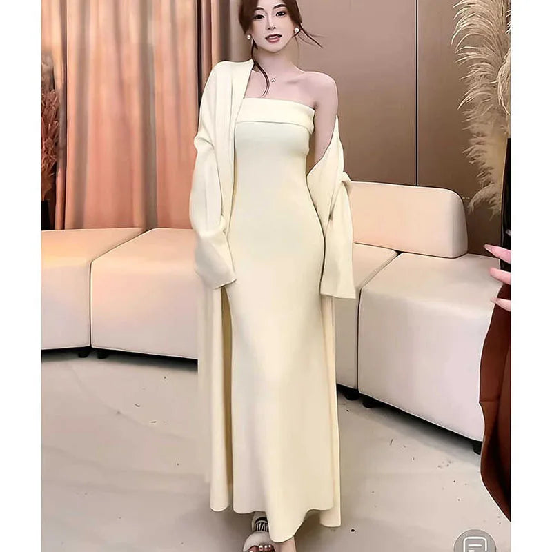 Korea Knitted Cardigan Sweater Strapless dress Suit Women's Mid-length Vintage Chic Coat Elegant Two-piece Autumn Winter 2025