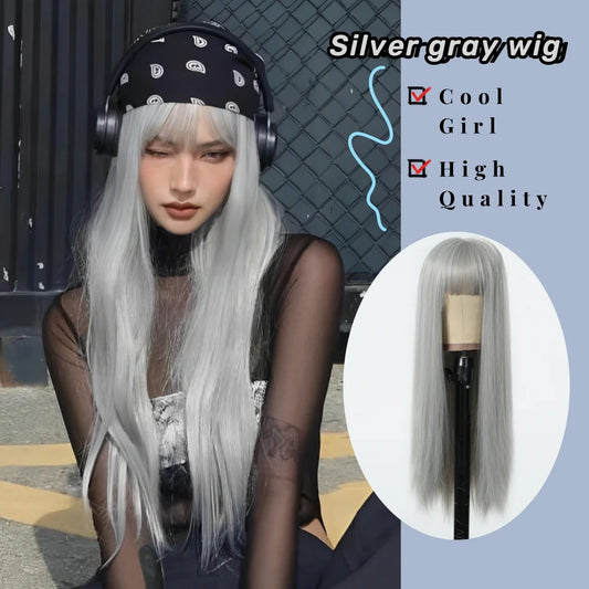 Silver Gray Synthetic Wigs Long Silk Straight Hair Wigs With Bangs Gray Cosplay Party Fake Hair for Women Use Heat Resistant