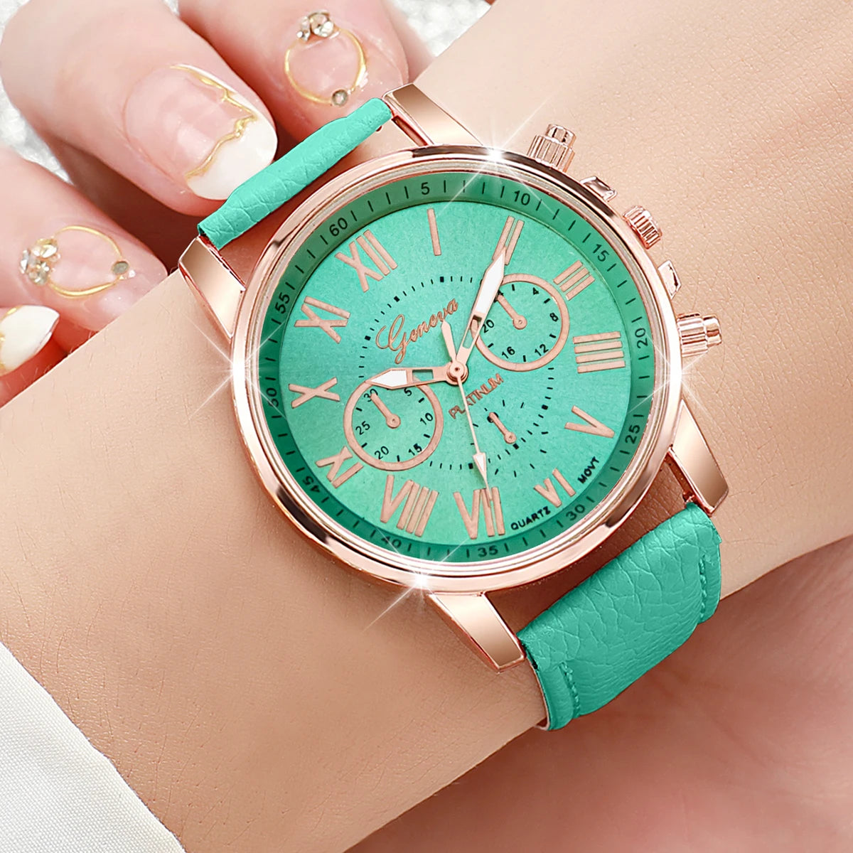 5PCS/Set Fashion Roma Dial Women's Quartz Watch Leather Band Wrist Watches Jewelry Set（Without Box）