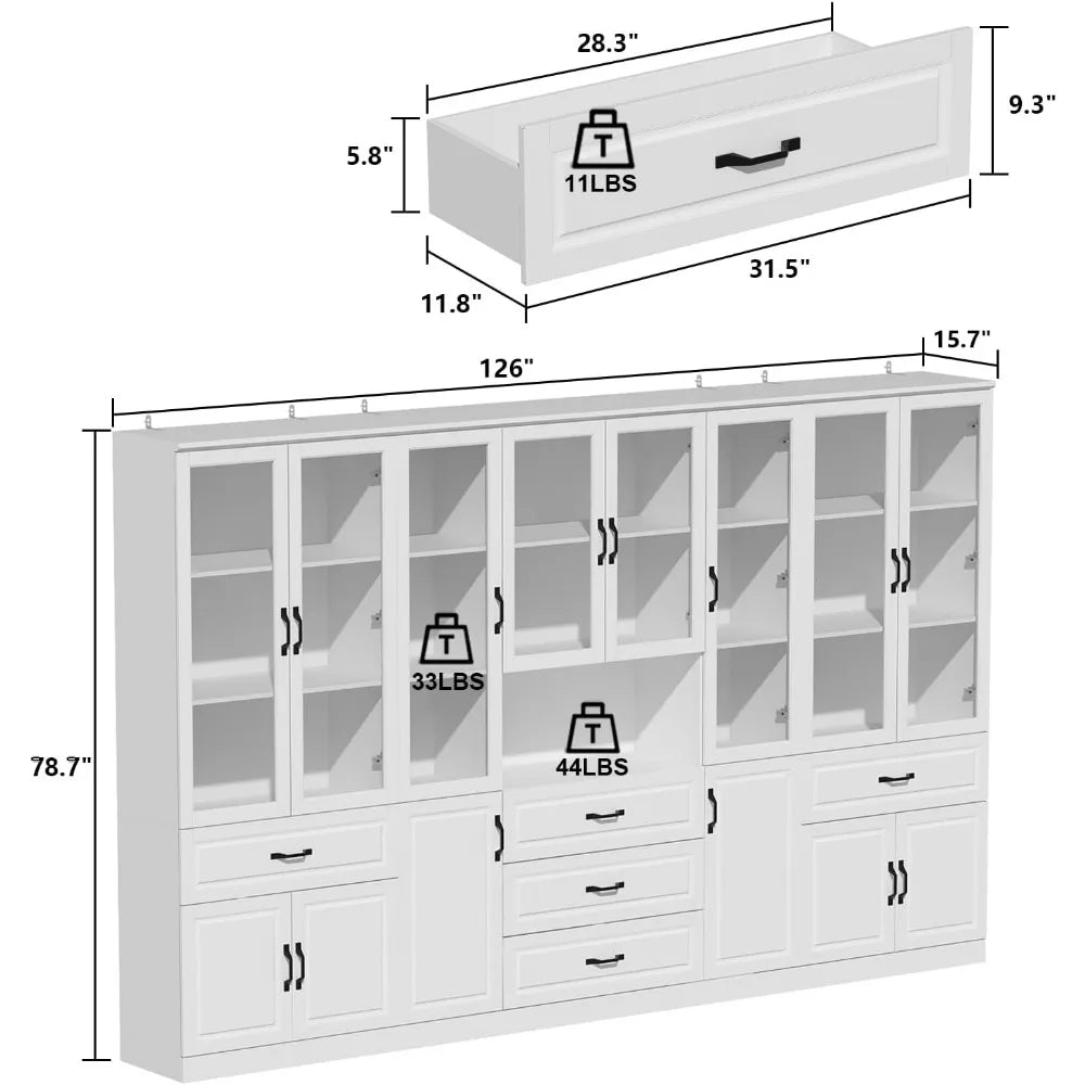 Tall Bookshelf , 2 Piece Large Storage Cabinet Set, Home Office Bookcase with Doors, Glass Display Cabinet