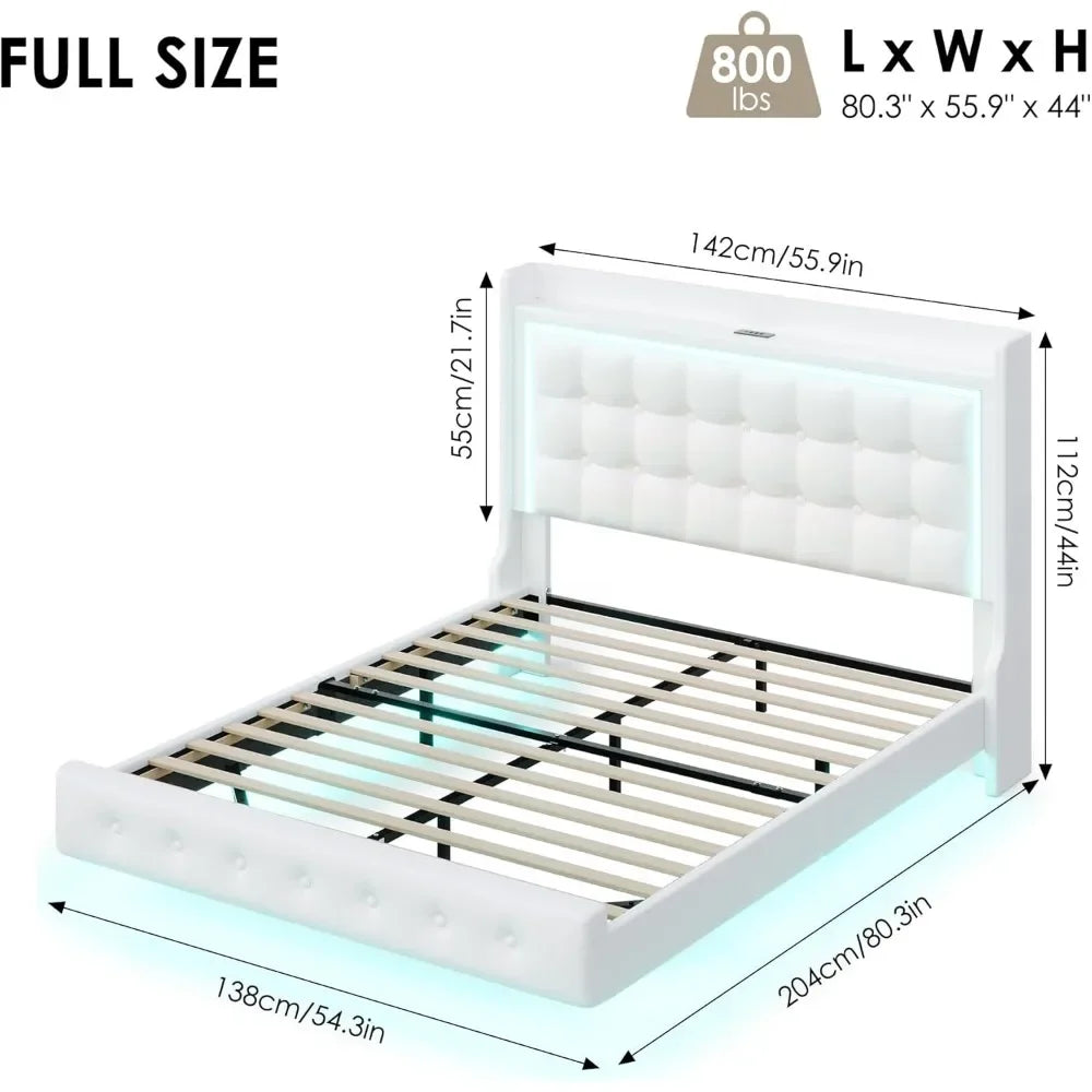 Upholstered Floating Bed Frame with LED Lights and Charging Station,Pu Leather Platform Bed with Button Tufted Storage Headboard