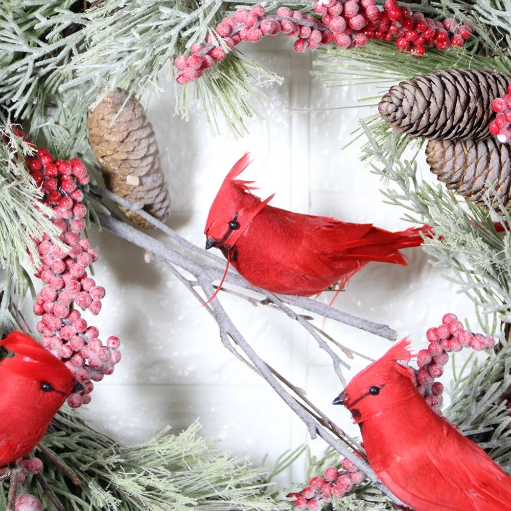 Wreath Rattan Wreath Decorated Pine Cone Cardinal Bird Wreath Christmas Simulation Pine Cone Door Hanging Outdoor Decoration