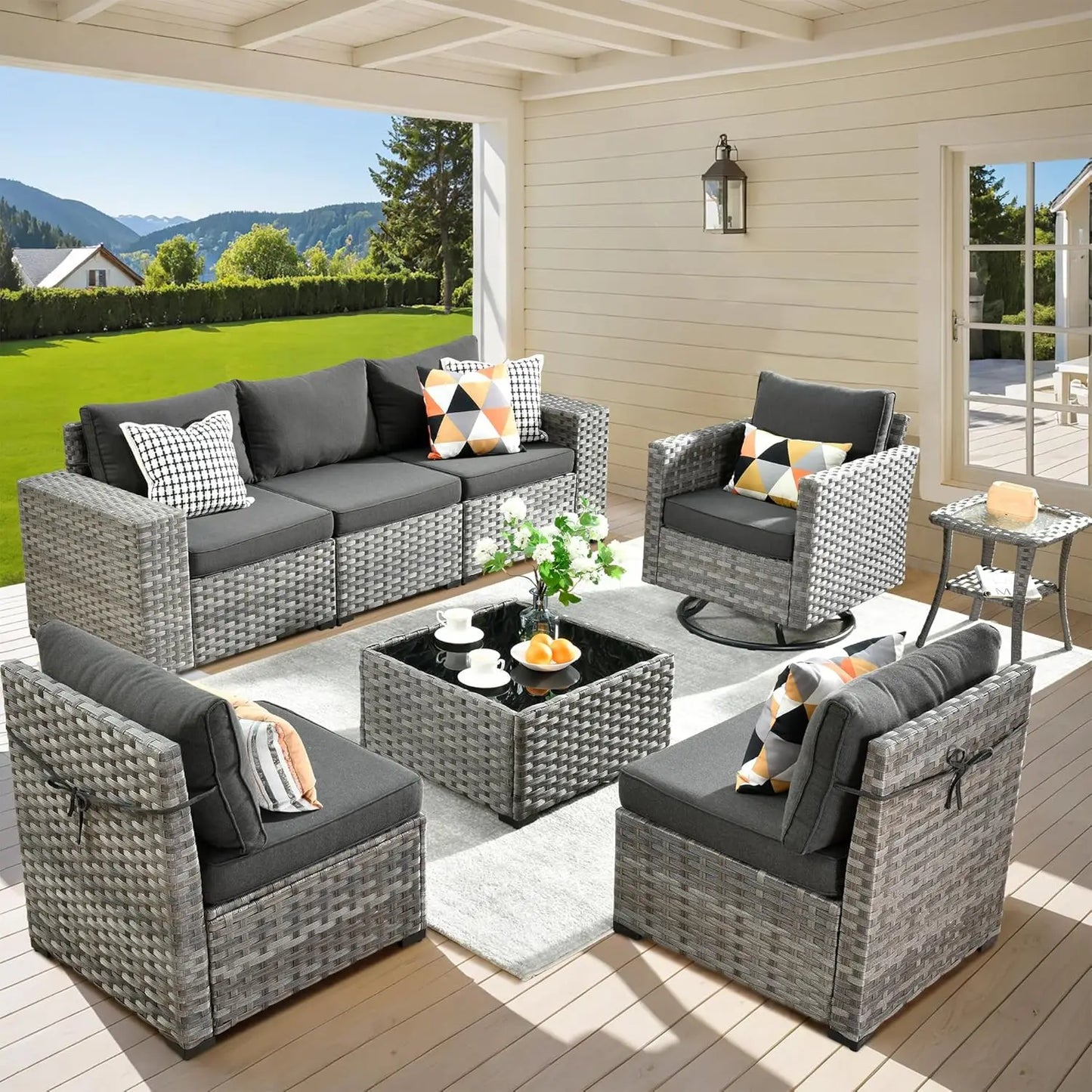 9 Pieces Patio Furniture Set, Outdoor Sectional Sofa with Swivel Rocking Chairs, Wide Arms and Deep Seat, Wicker Rattan Set