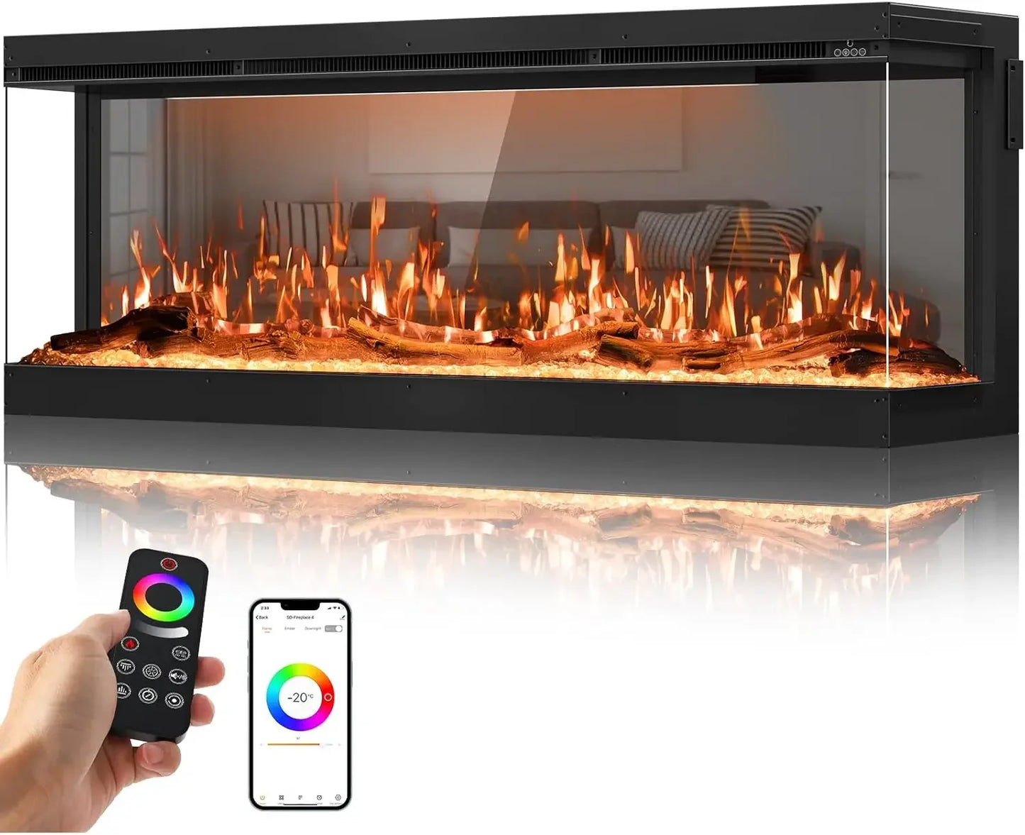 3 Sided Mirrored Electric Fireplace 60" Smart Wall Recessed Fireplace Insert Linear Fire Places Heater with APP & Remote Control