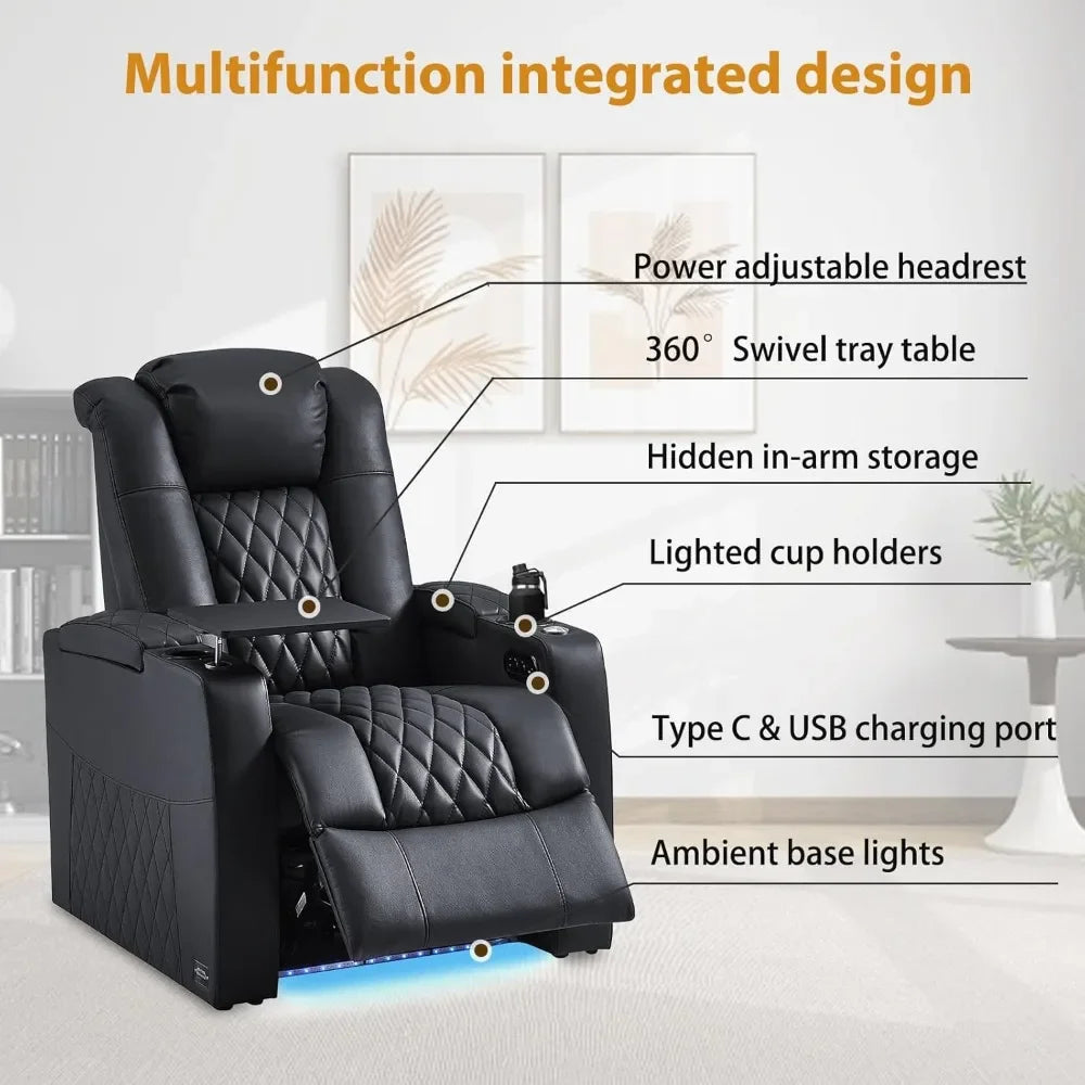 Reclining Sofas, Top Grain Nappa Leather Recliner Chairs Dual Power Electric Headrest with Tray Table Type-C USB, Movie Sofa