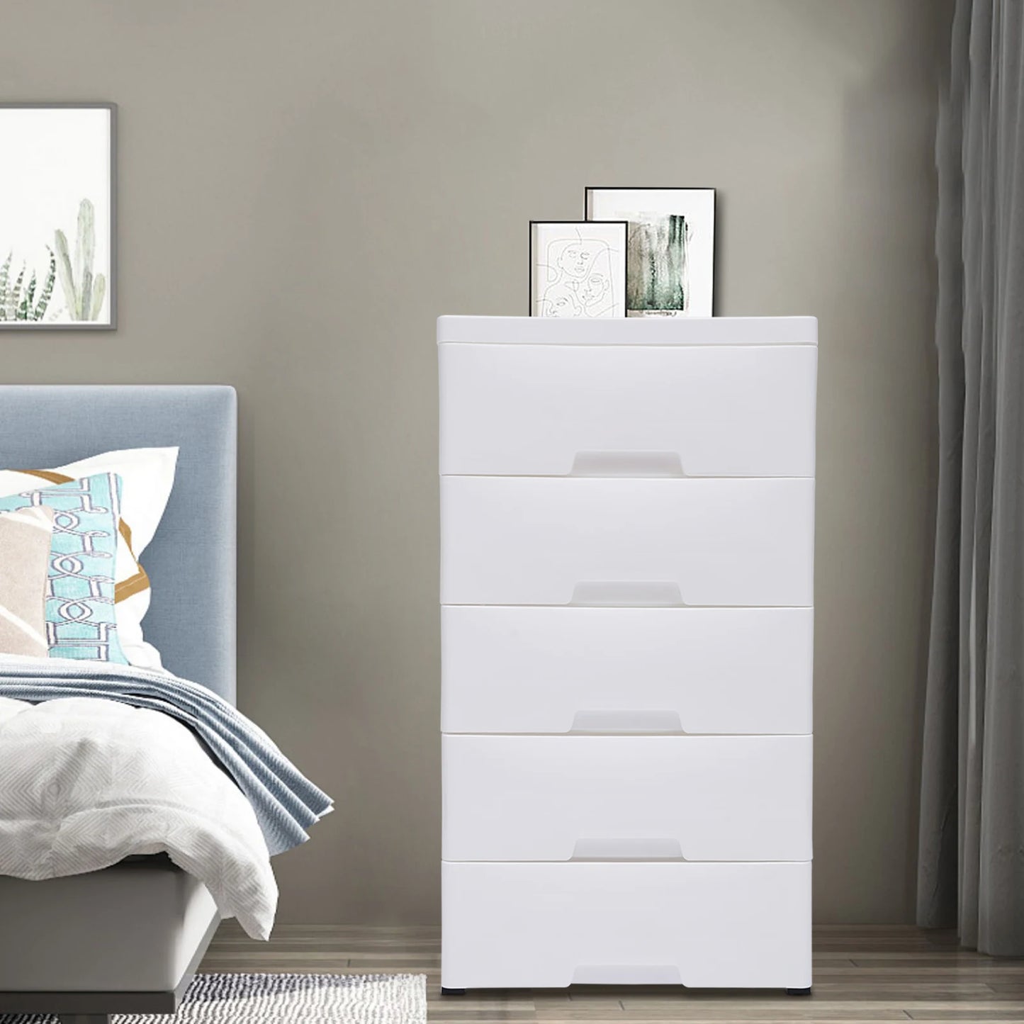 Modern Minimalism 5 Drawers Storage Cabinet Bedroom White Plastic  Vertical Dresser Stackable Tower Wardrobe Closet for Clothes