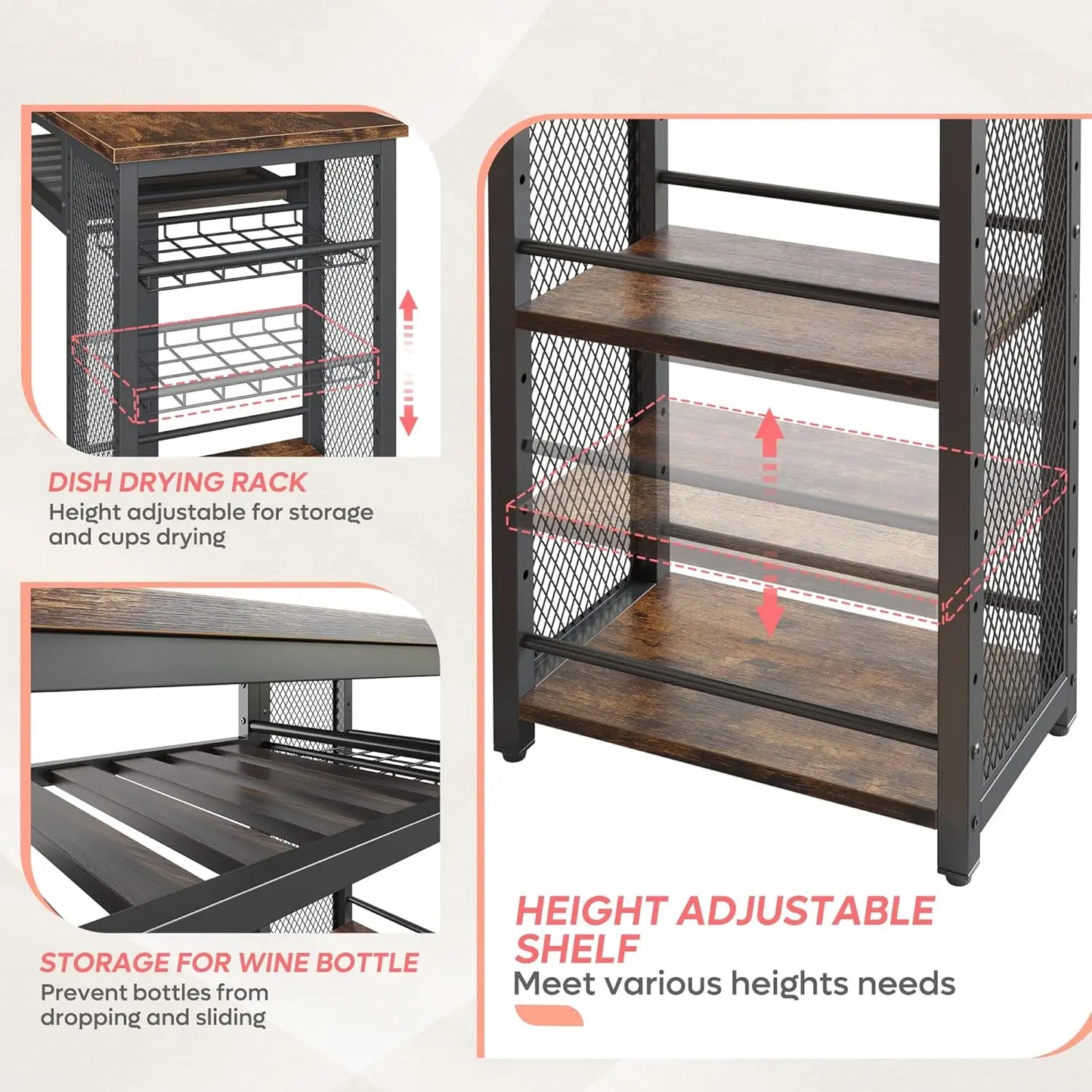 Table and Chair Set, Expandable Dining Table with 2 Bar Stools, Industrial Kitchen Counter with Wine Rack & 3 Tier Adjustable