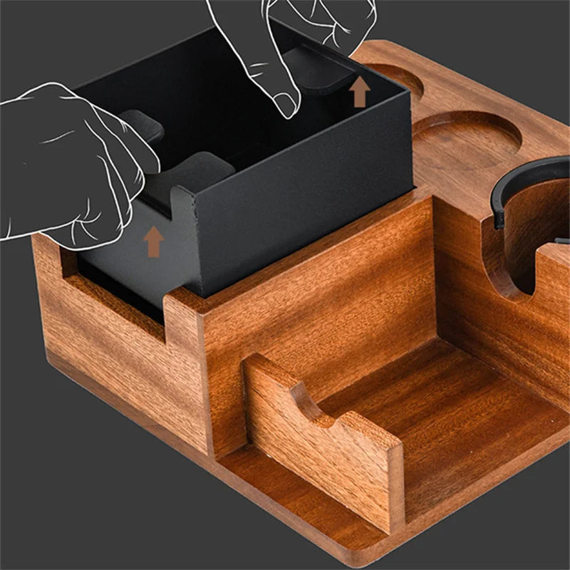 5 Hole Espresso Knock Box,51/53/58mm Espresso Coffee Organizer Box,Solid Wood Tamper Base With Portafilter Coffee Tamper Station