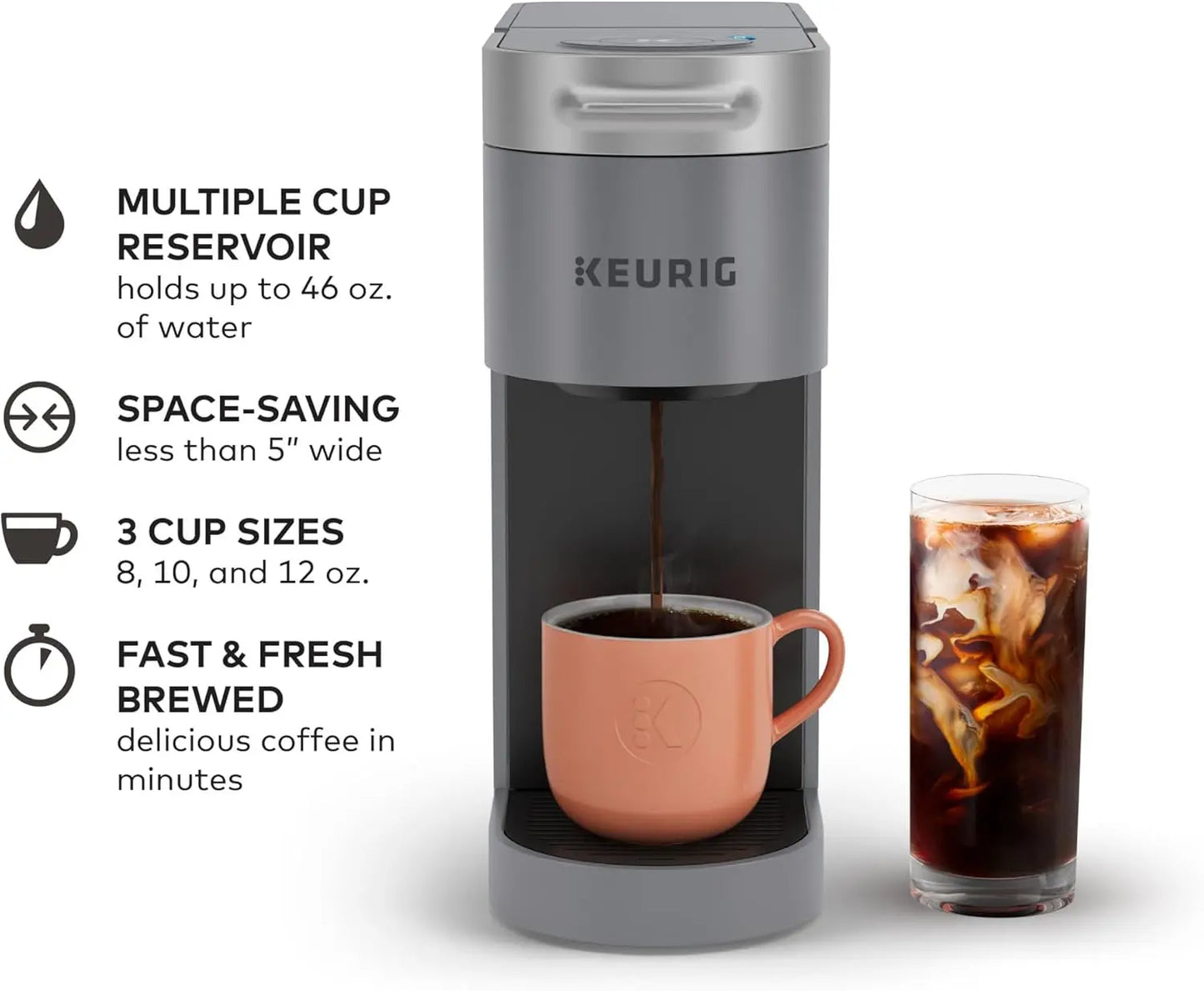 K-Slim + ICED Single Serve Coffee Maker, Hot and Cold Coffee Capabilities, Brews 8 to 12oz Cups, 46oz Removable Reservoir, Gray