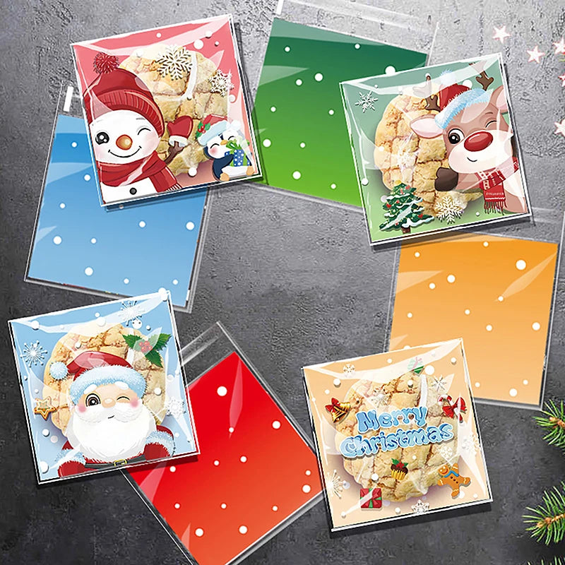 100Pcs Christmas Gift Bag Self Adhesive Cookies Candy Wrapping Bag New Year Party Gift Snack Baking Plastic Bag