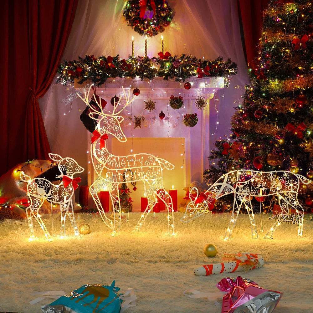 3pcs/set Beautiful Glowing Iron Elk for 2023 Christmas, New Year Decorations, DIY Xmas Gift for Friends