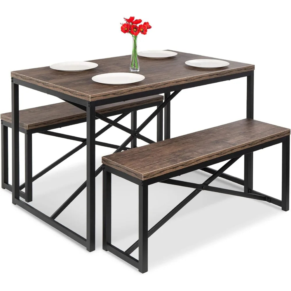 45.5in 3-Piece Bench Style Furniture Set, 4-Person Space-Saving Dinette for Kitchen, Dining Room w/ 2 Benches, Brown/Black