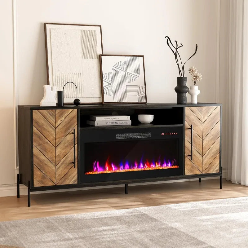 BELLEZE 68" TV Stand with 36" Electric Fireplace Heater, Entertainment Center with Storage Cabinet