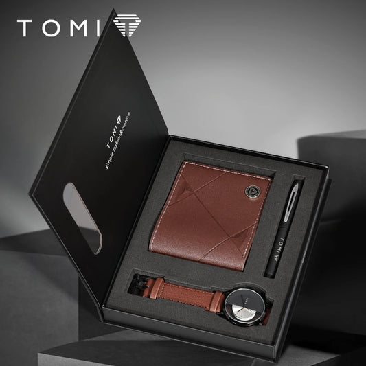 TOMI 3PCS Luxury Business Gift Box Set Men Watch Wallet Simple Leisure Creative Hollow Dial Men Quartz Watch Watch Clock Gifts