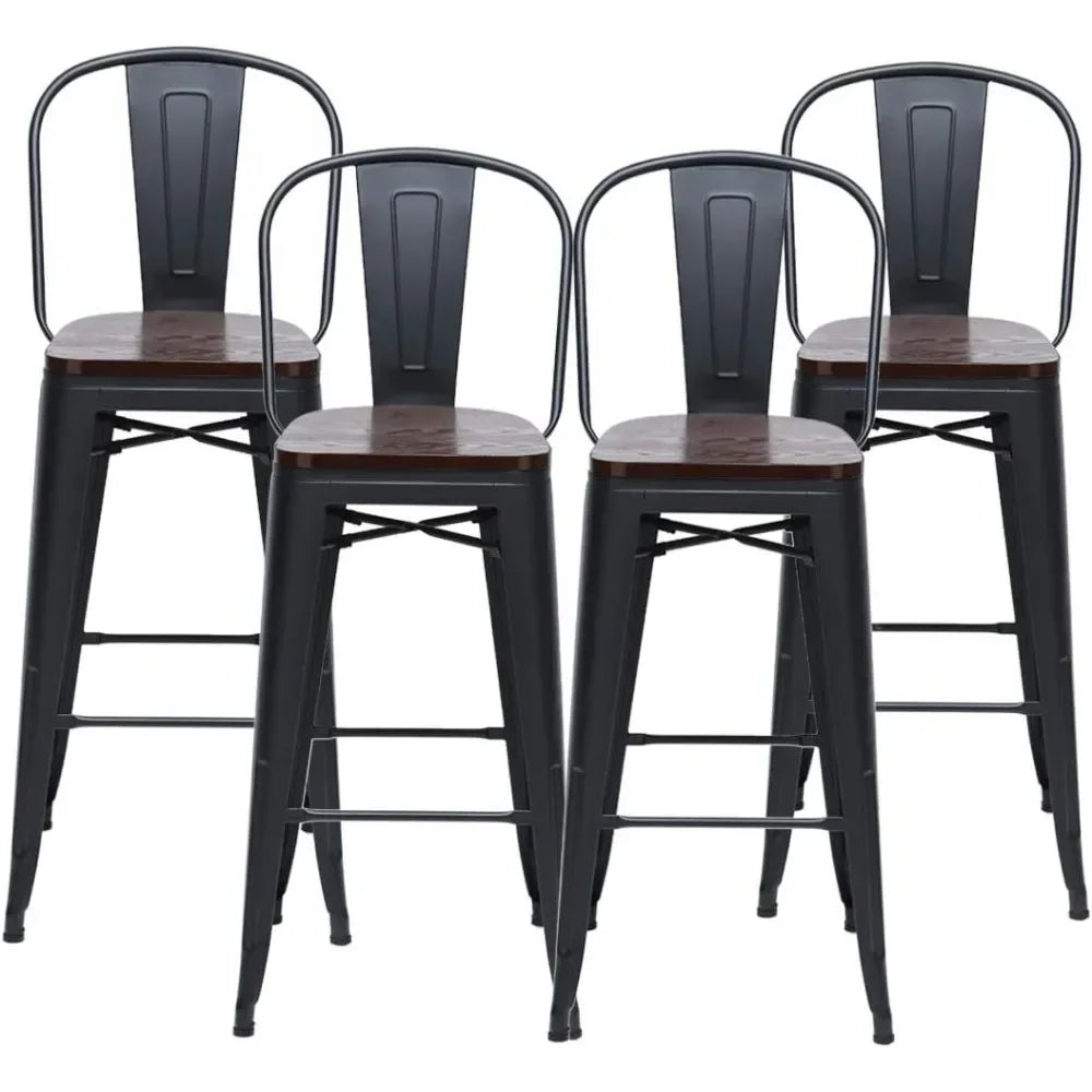 24" High Back Barstools Metal Stool with Wooden Seat Counter Height Bar Stools Living Room Chairs for Kitchen Bar 4-piece set