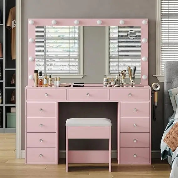 Vanity Desk with Power Outlet, Makeup Tables with Mirror and 13 LED Lights, Dressing Tables with 15 Drawers, Vanity Table