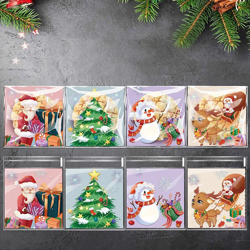 100 Pcs Christmas Cookies Gift Wrapping Bags Self-Adhesive Plastic Candy Bags Christmas Party Decor Supplies Baking Packaging