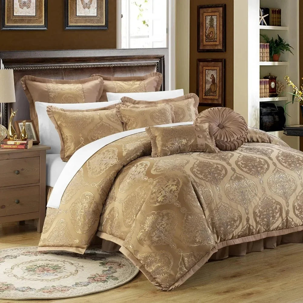 Chic Home 9 Piece Upholstery Quality Jacquard Motif Fabric Bedroom Comforter Set & Pillows Ensemble, King, Gold