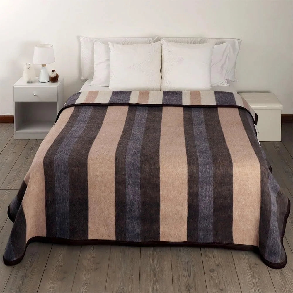 100% Natural Alpaca and Sheep Wool Blanket Full/Queen Size Thick Heavyweight Comfortably Warm  Striped Design