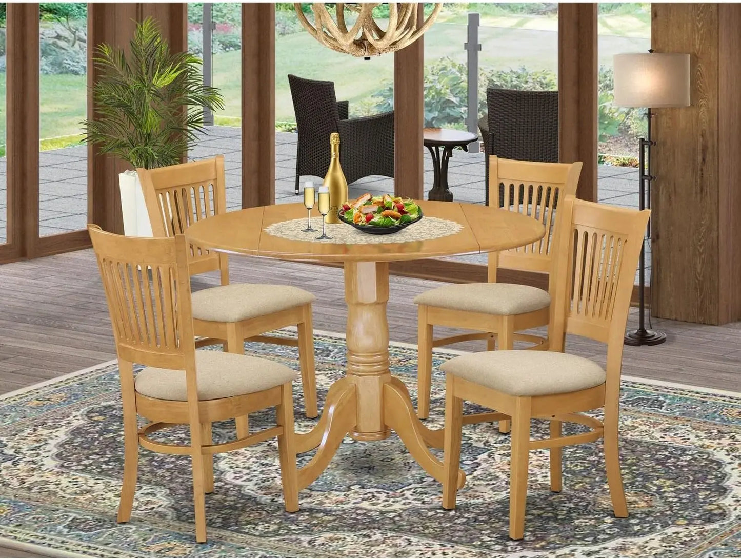 Furniture Dublin 5 Piece Kitchen Set Includes a Round Dining Room Table with Dropleaf and 4 Linen Fabric Upholstered Chairs