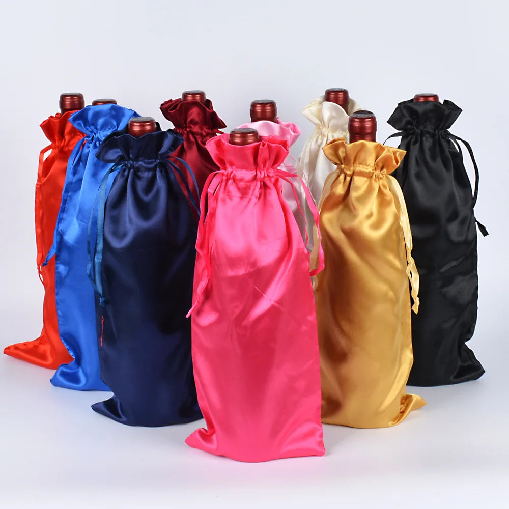 10pcs/lot 15x35cm Satin String Pouch Drawstring Bags Wine Bottle Packaging Bag Wedding Party Christmas Decor