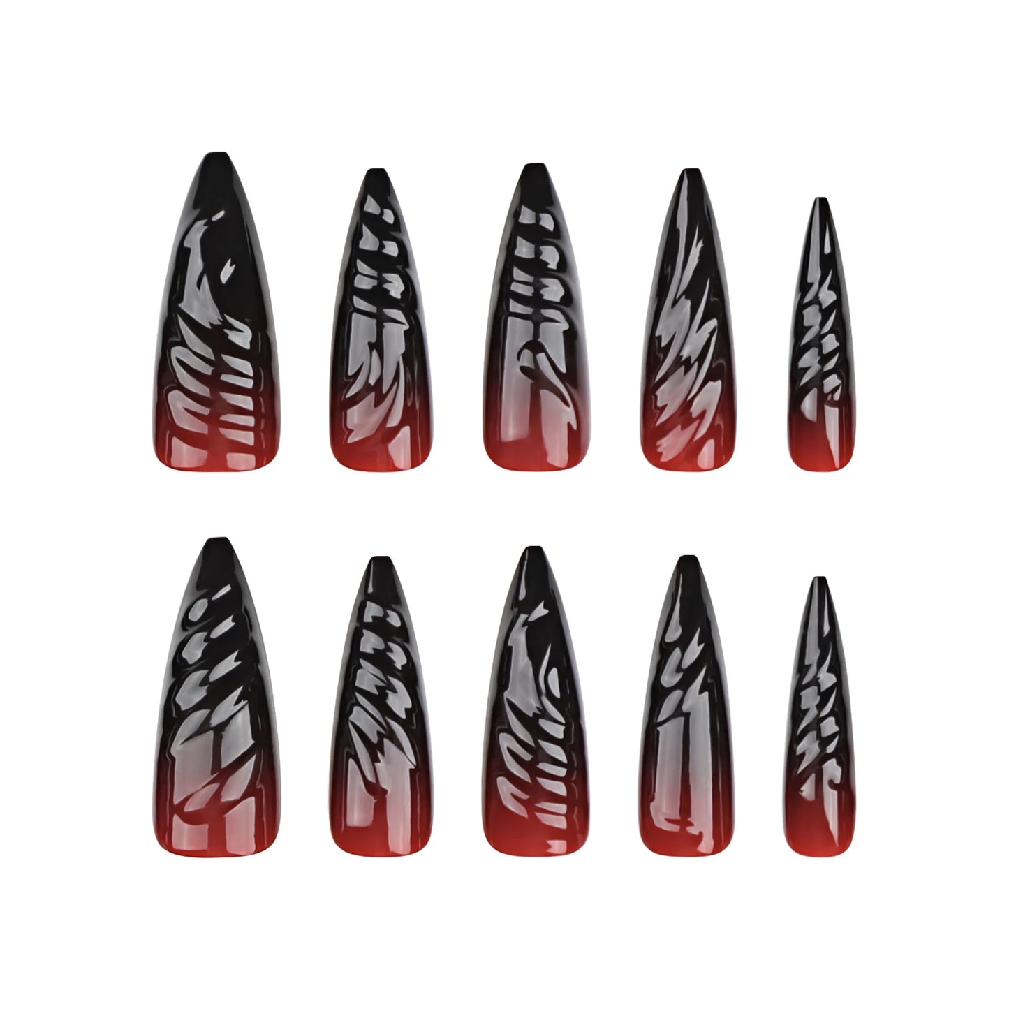 24pcs Halloween Press on Nails Wearable Black Red Gradient Fake Nails Super Long Pointy Nails 3D Crystal Stripes False Nails Tip