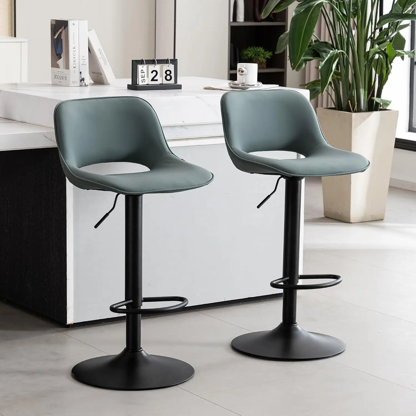 Bar Stools Set of 2, Adjustable Swivel Counter Height Bar Stools Faux Leather Upholstered Counter Stools with Back, Bar Chair