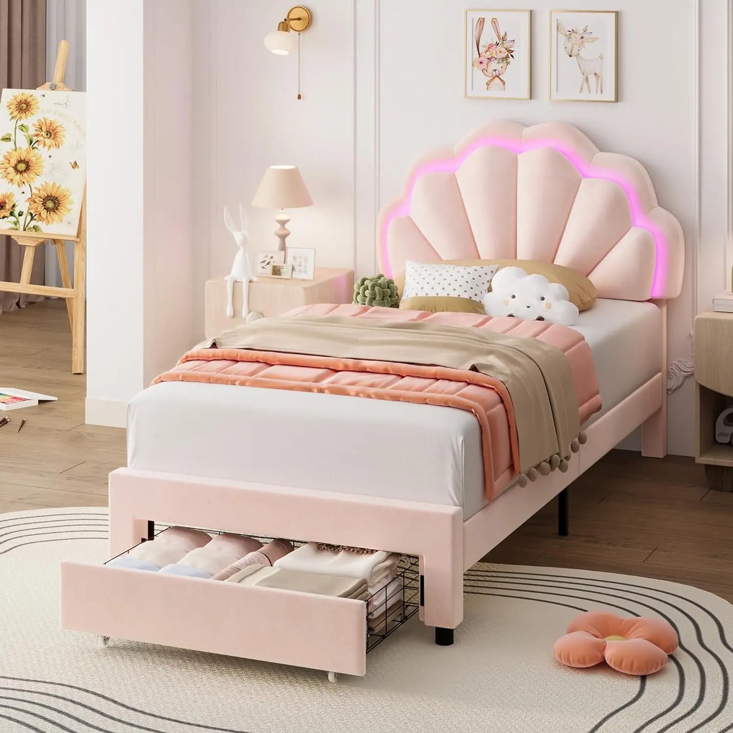 Upholstered Smart LED Bed Frame with 2 Storage Drawers & Adjustable Chic Double Petal Headboard, Velvet Princess Platform Bed