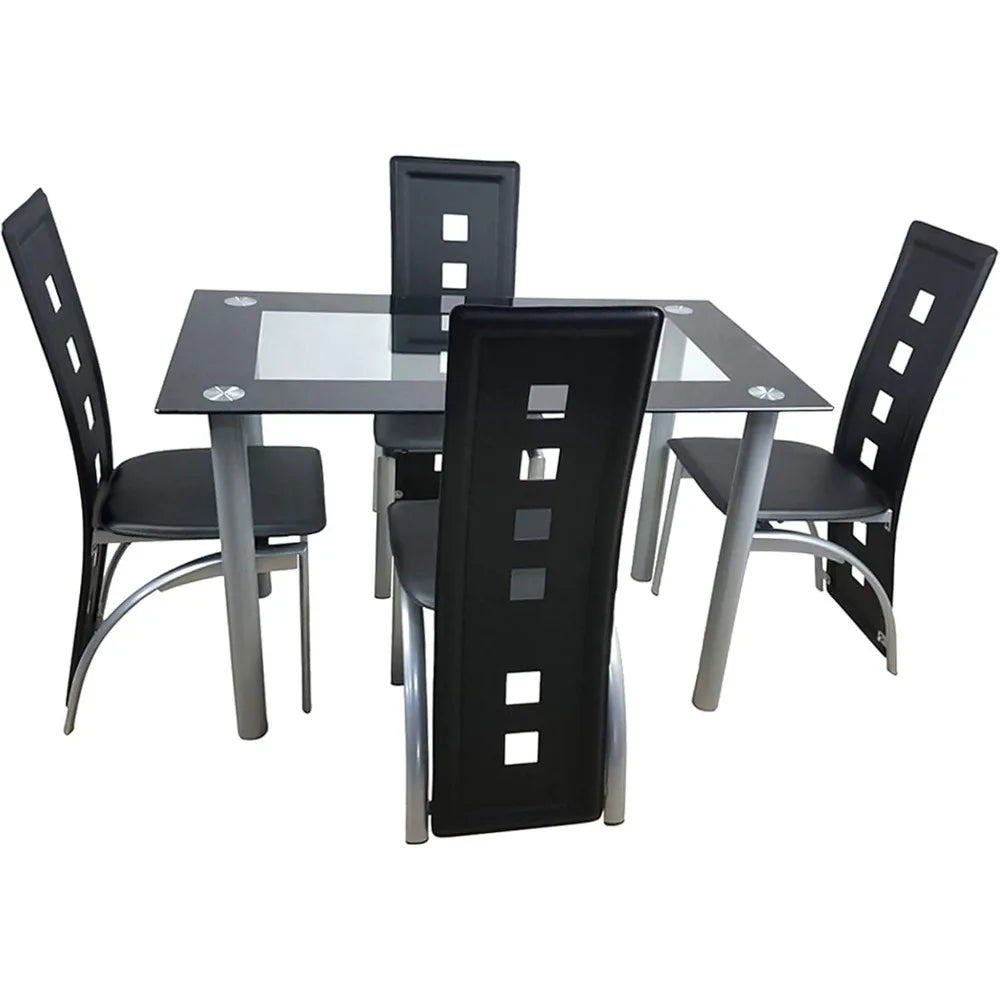 5-Piece Dining Table Set with 1 Glass Dining Table and 4 PVC Chairs, Modern Table Set for Kitchen & Dining Living Room