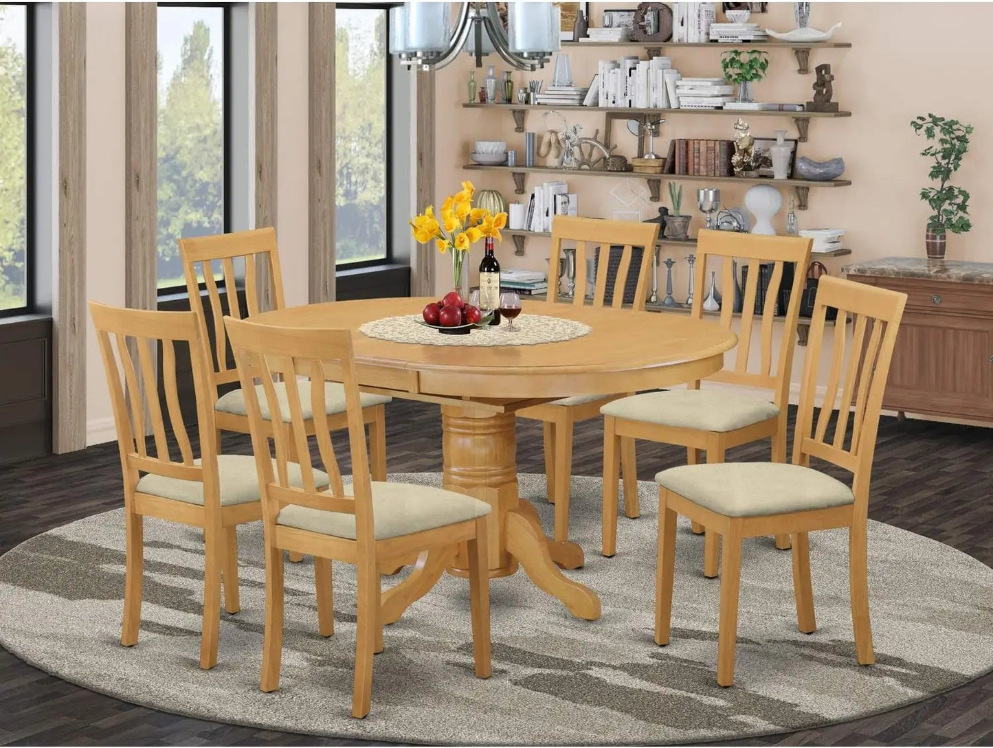 7 Piece Dining Room Table Set Consist of an Oval Kitchen Table with Butterfly Leaf and 6 Faux Leather Upholstered Dining Chairs