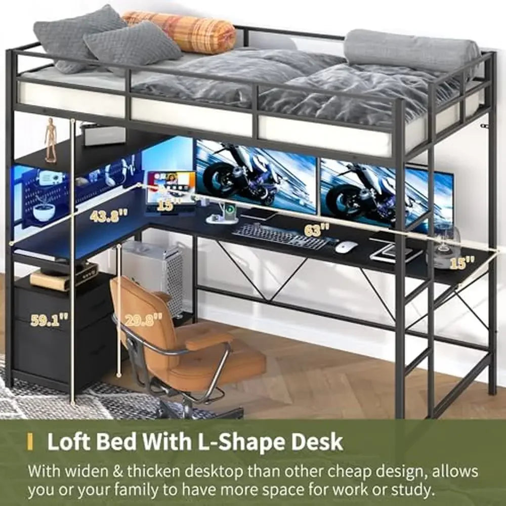 Twin Loft Bed with Desk Metal Frame Charging Station Guard LED Lights 2 Storage Drawers AC Outlets USB Twin Bed Easy Assemble &