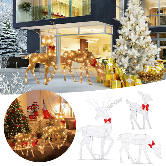 3pcs Iron Art Elk Deer Christmas Garden Decoration With LED Light Glowing Glitter Reindeer Xmas Home Outdoor Yard Ornament Decor