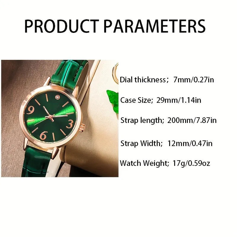 Kegllect 6PCS Women Watch Gift Set Waterproof Green Luxury Jewellery Round Diaol Fashion Ladies Birthday  NO BOX