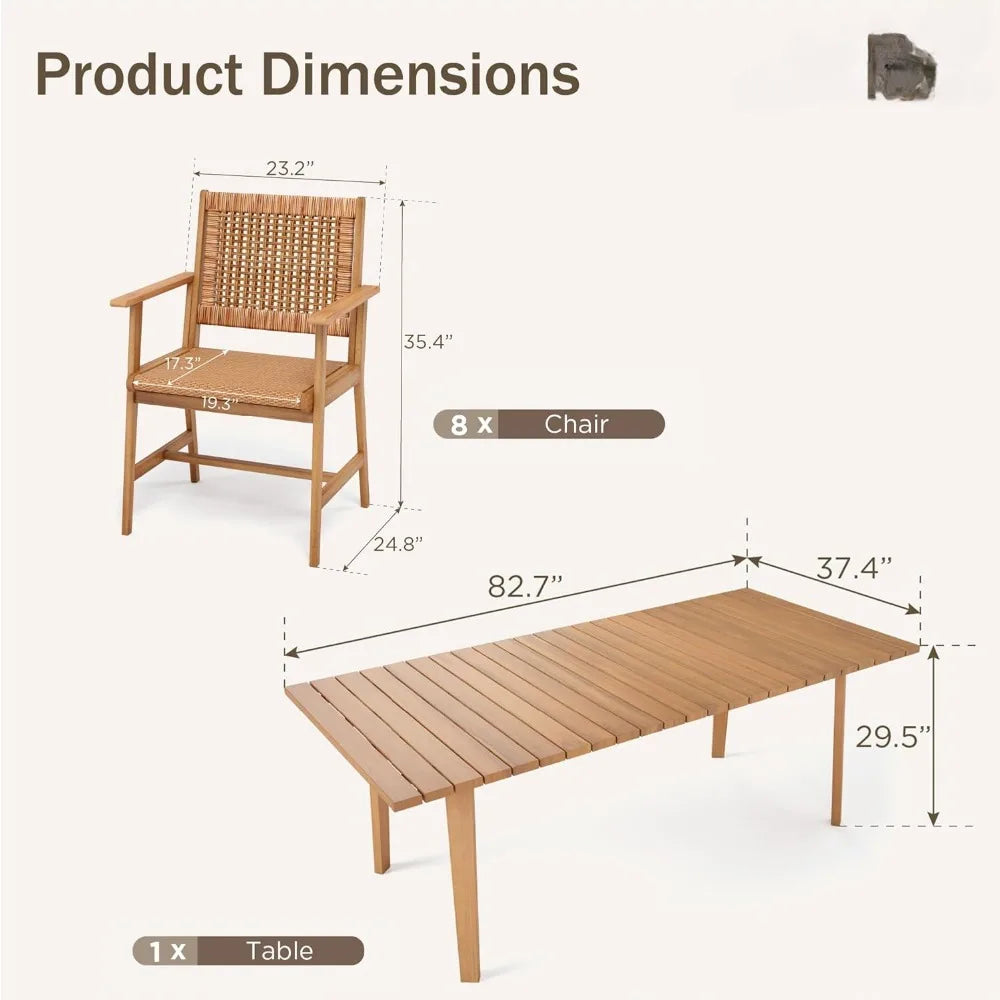 9 PCS Wood Outdoor Dining Set, Teak Rectangle Wooden Table & Dining Chairs with Wicker Seat and Back,Garden Furniture Sets