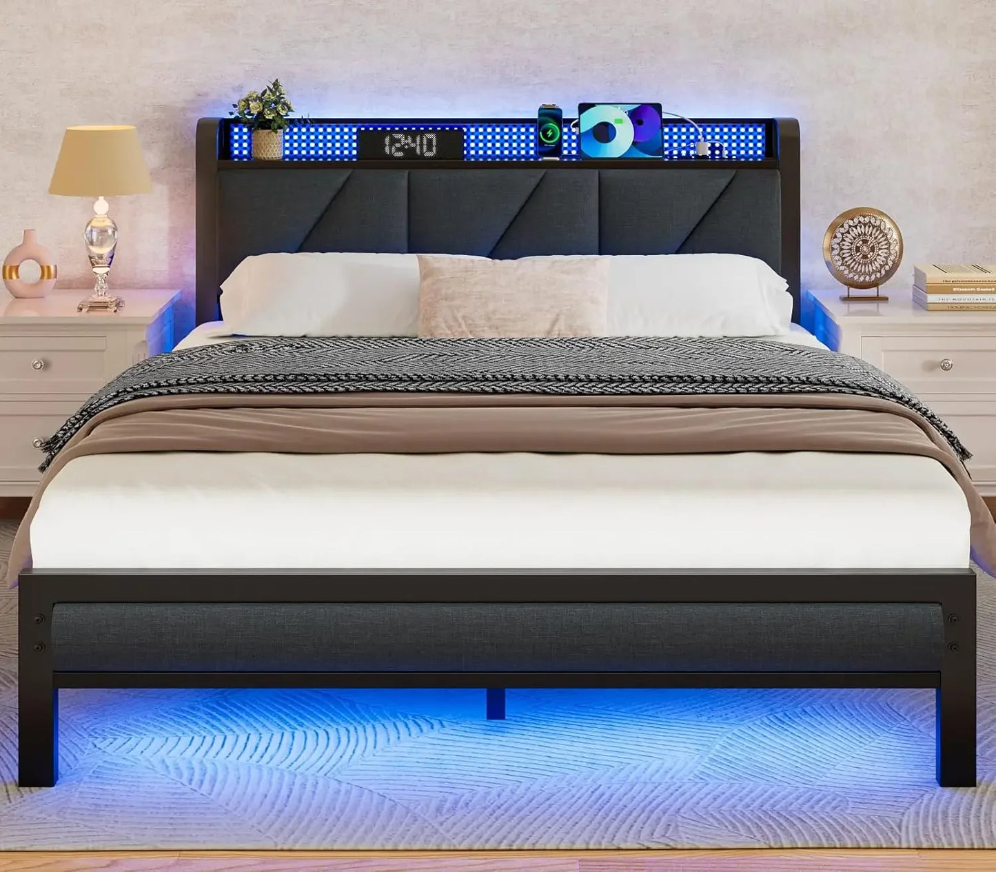 Queen Size Bed Frame with Headboard and LED Lights,Upholstered with Charging Station and USB Port, Platform Me