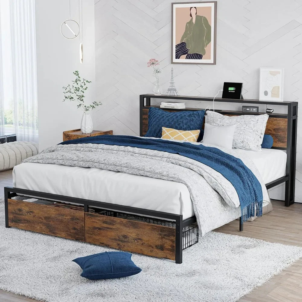 Queen Bed Frame with Storage Headboard, Platform Bed with Drawers and Charging Station, No Box Spring Needed, Easy Assembly