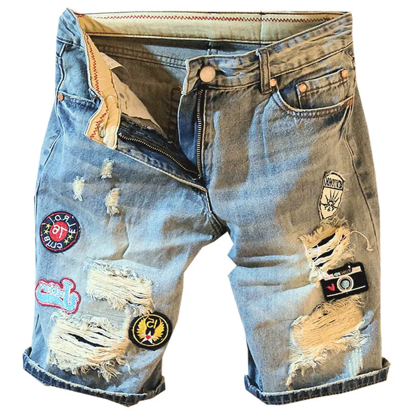 Summer Men's Letter Printing Denim Shorts Casual Holes Embroidery Label Medium 5-point Denim Pants Male Fashion Shorts