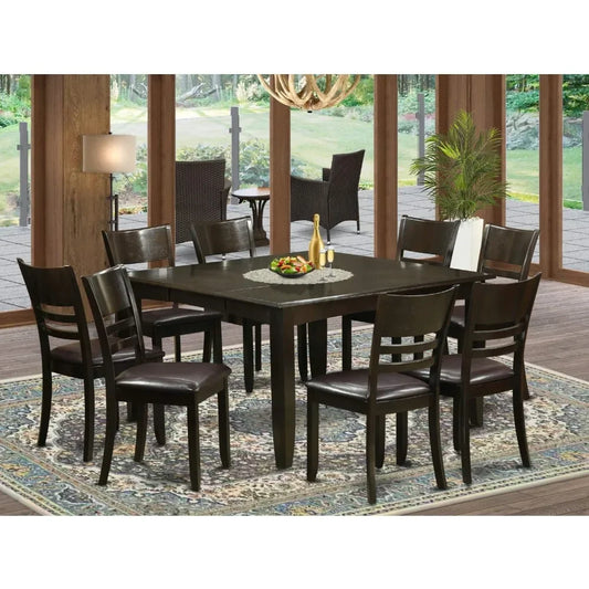 9 Piece Dining Set Includes a Square Dining Room Table with Butterfly Leaf and 8 Faux Leather Upholstered Kitchen Chairs